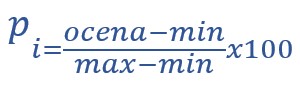 p i równa się sto razy ocena minus min w nawiasie przez max minus min w nawiasie
